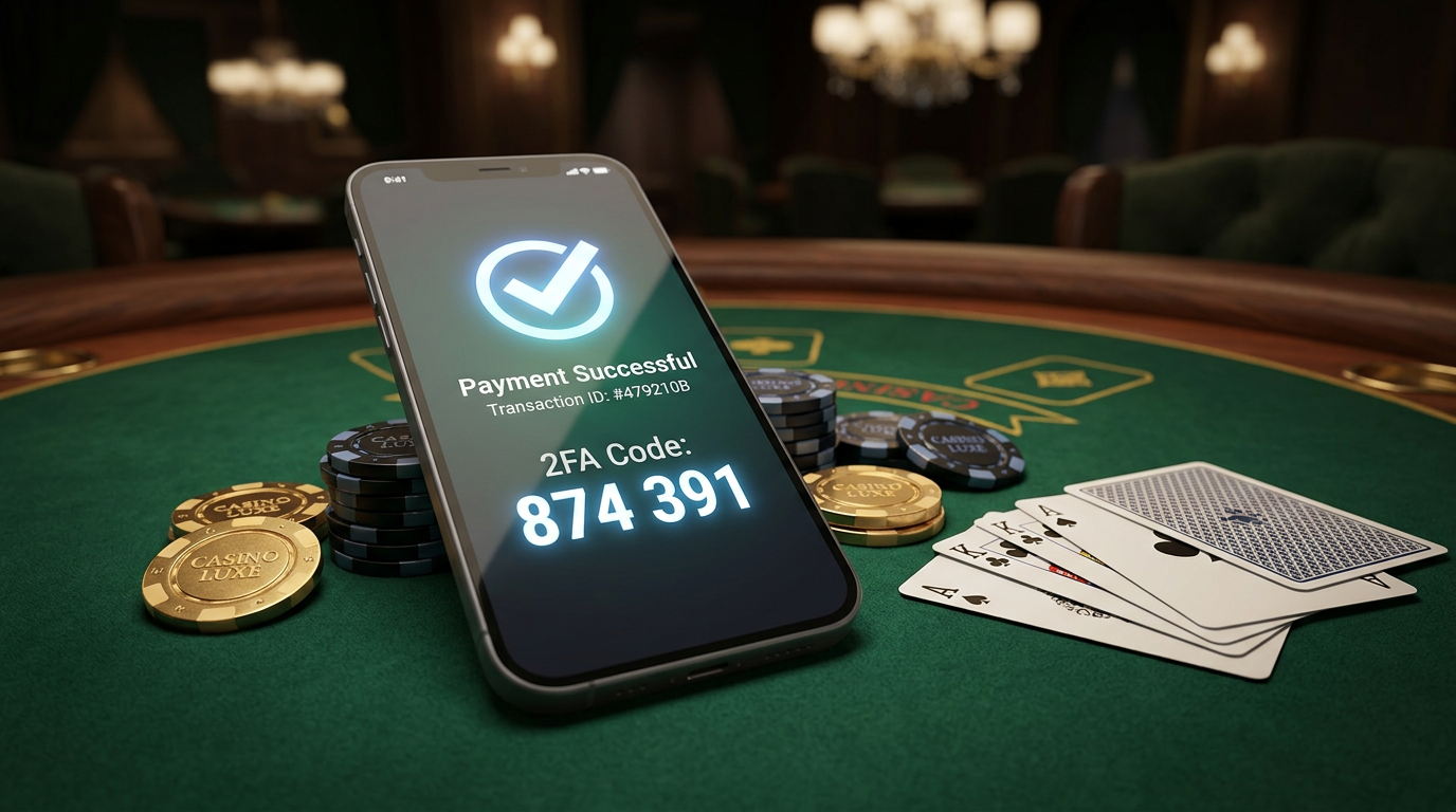 Smartfon z potwierdzeniem płatności SMS na tle stołu kasynowego