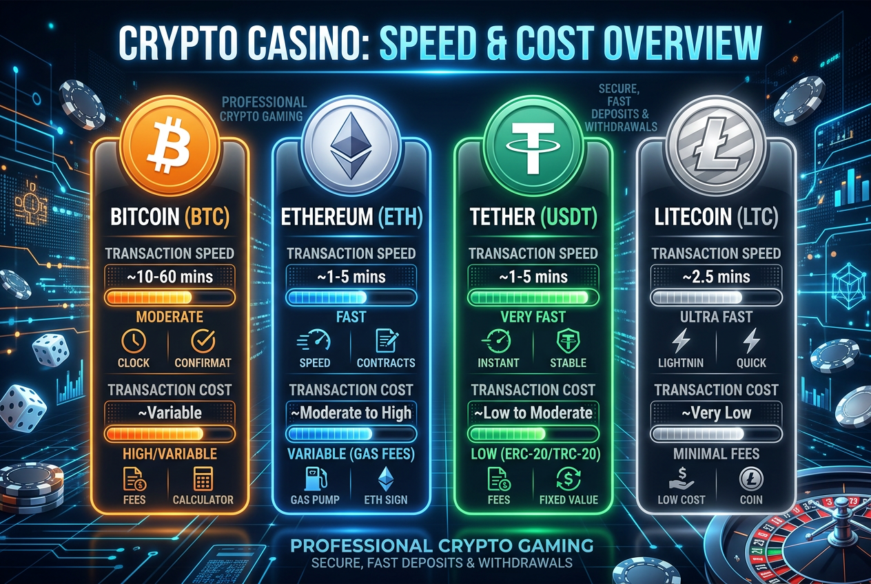 Zestawienie popularnych kryptowalut Bitcoin Ethereum Tether Litecoin z parametrami szybkości i kosztów