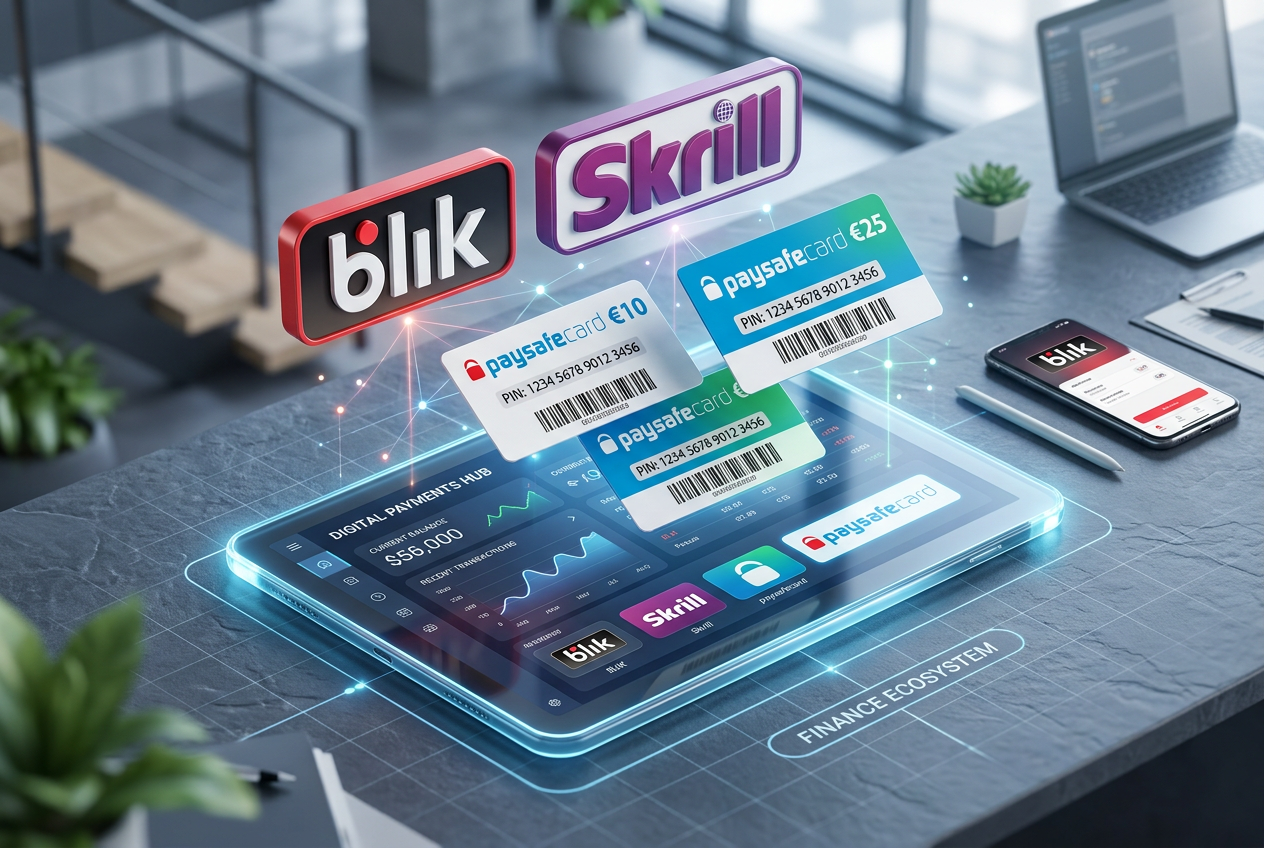 Porównanie logotypów BLIK, Skrill i Paysafecard jako alternatyw dla SMS