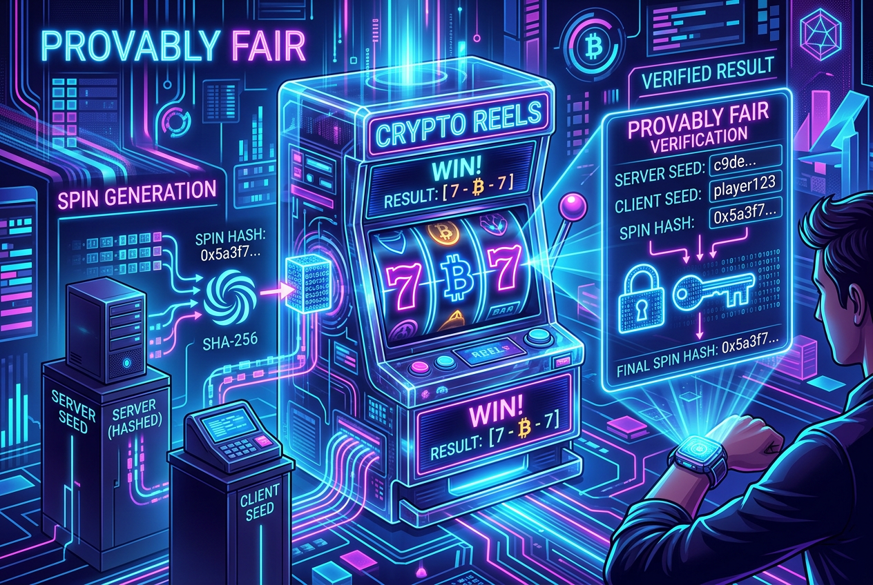 Ilustracja mechanizmu Provably Fair i haszowania kryptograficznego w grach kasynowych