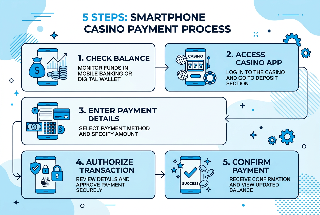 Infografika przedstawiająca kroki wpłaty depozytu w kasynie online za pomocą aplikacji Revolut