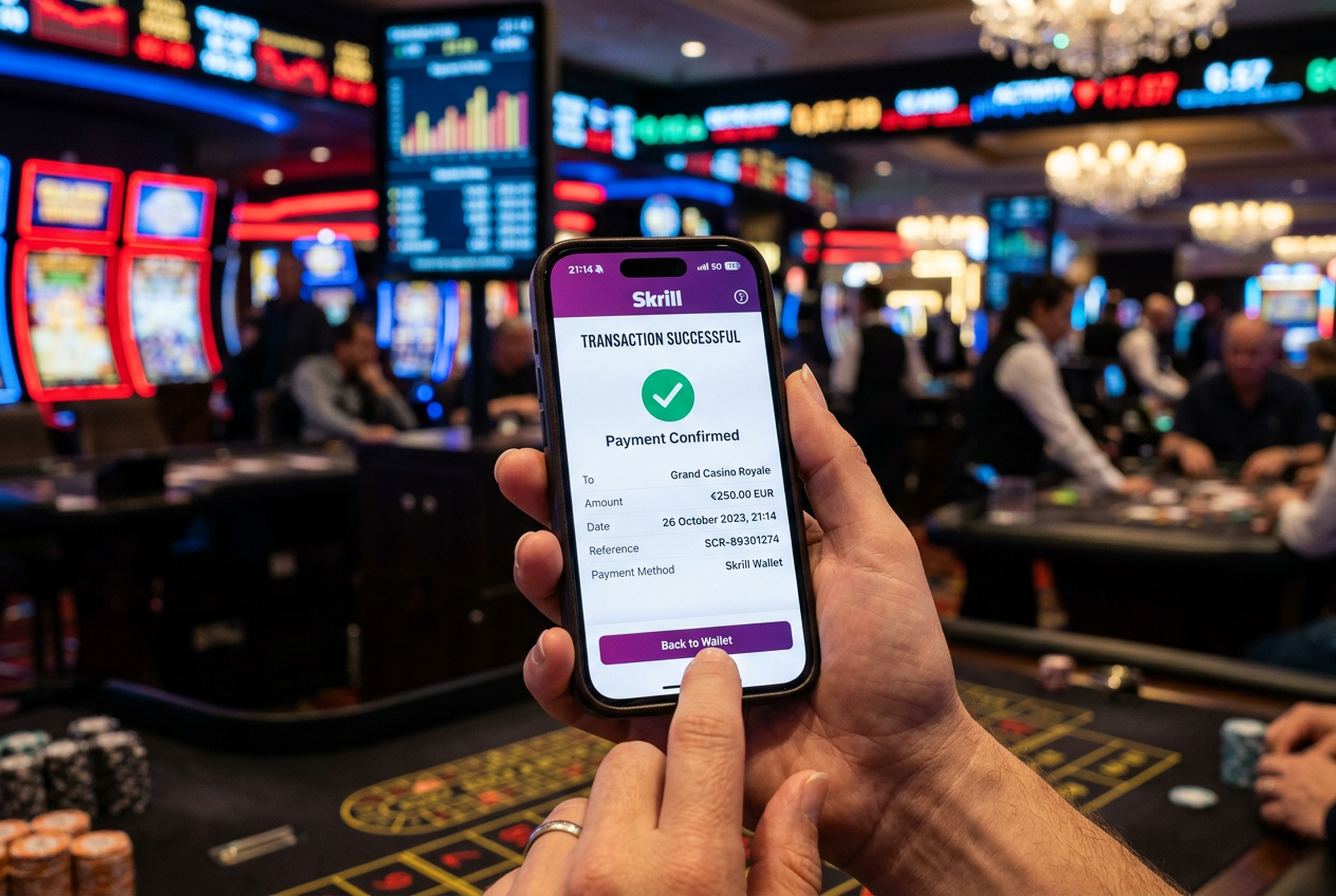 Smartphone displaying Skrill wallet interface with casino elements and secure transaction symbols